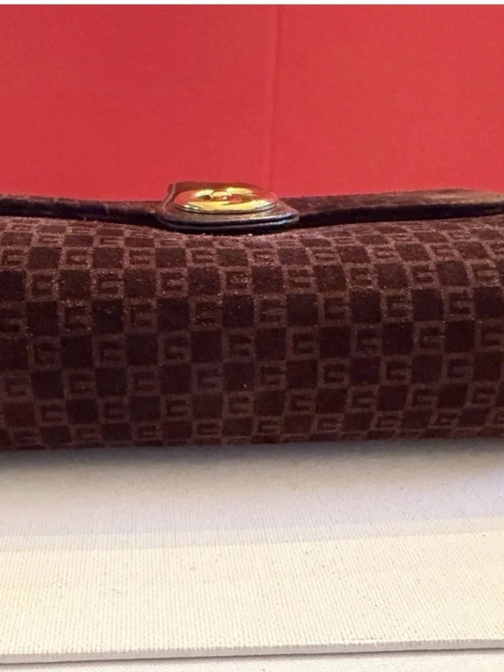Gucci Dark Brown Suede Velvet GG Monogram Chain Shoulder Bag with Gold Hardware